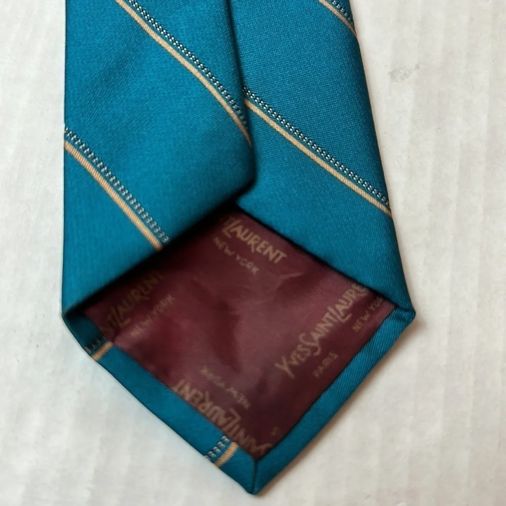 Vintage 1970s YSL Yves Saint Laurent Silk Tie Teal Gold Stripe Paris New York